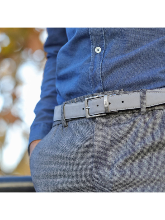Cintura reversibile blu navy in pelle e grigio nubuck - Clint