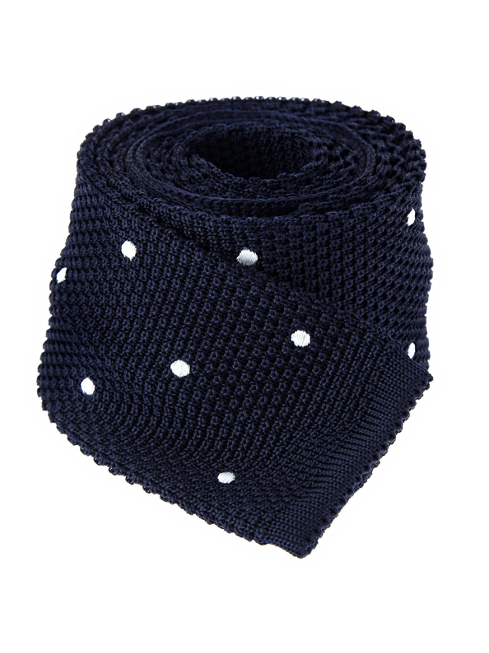 Cravatta in maglia di seta blu navy a pois bianchi