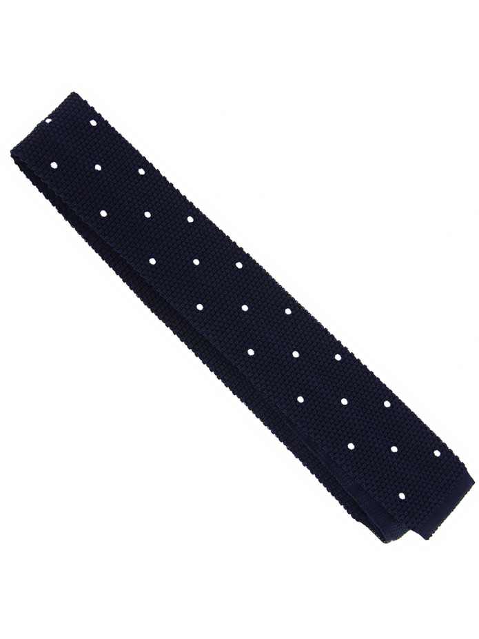 Cravate tricot en soie bleu marine à pois blancs
