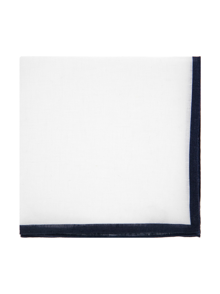 Pochette da giacca in lino bianco con orlo blu marino