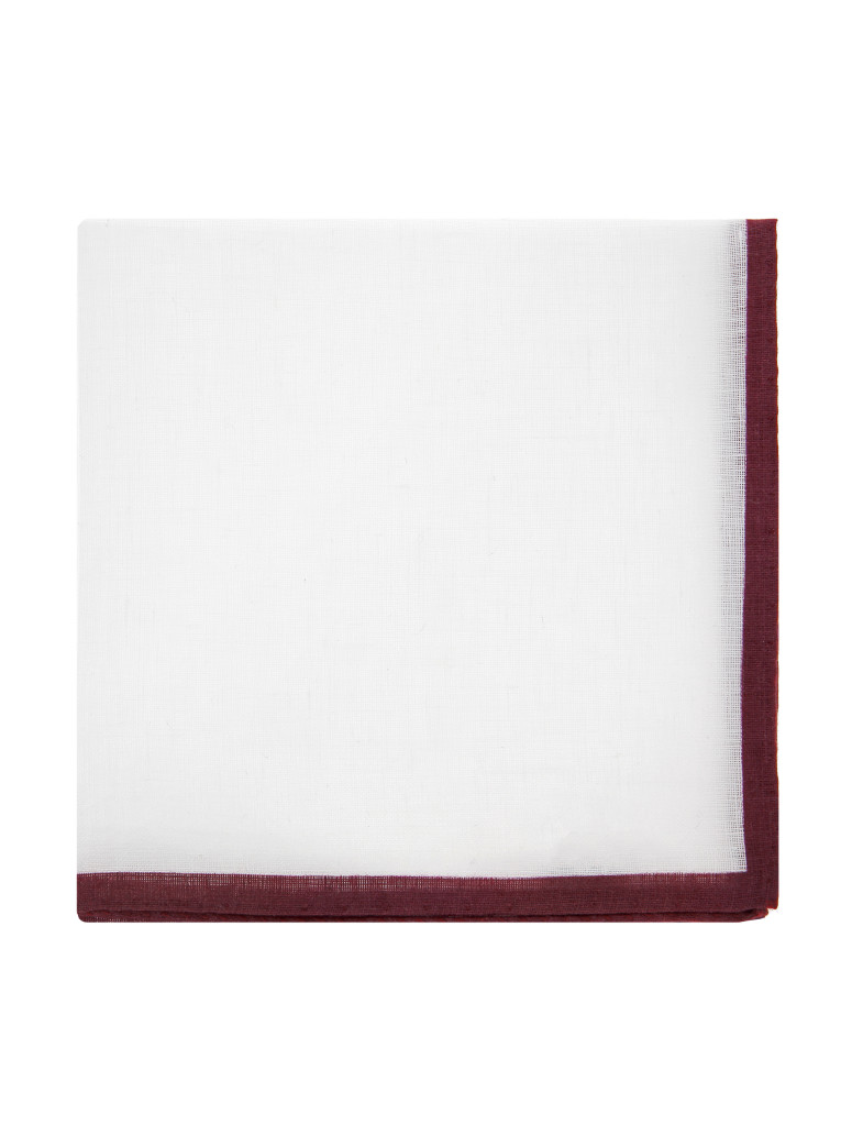 Pochette da giacca in lino bianco con orlo bordeaux
