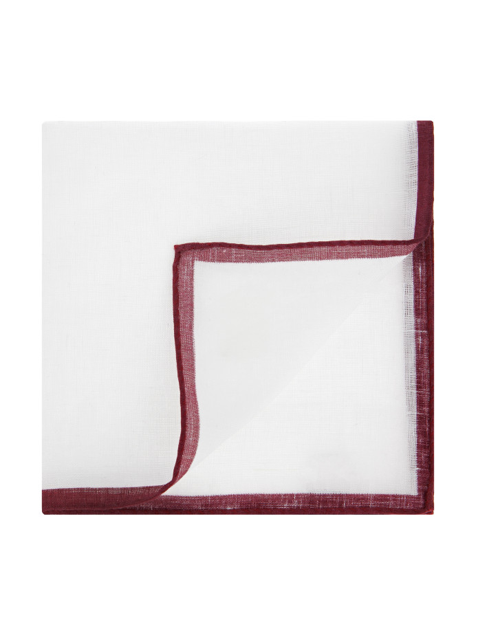 Pochette da taschino in lino bianco con orlo bordeaux