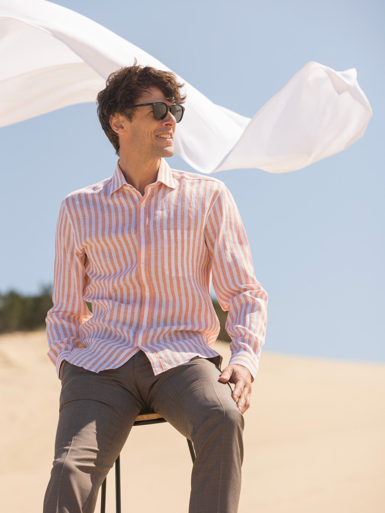 CAMICIA IN LINO A RIGHE - ARANCIONE