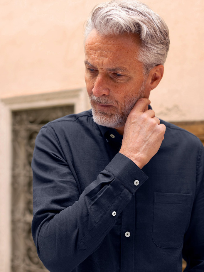 Camicia collo button down in garza di cotone blu marino