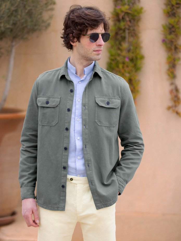 Chemise col inversé en lin et coton bleu ciel