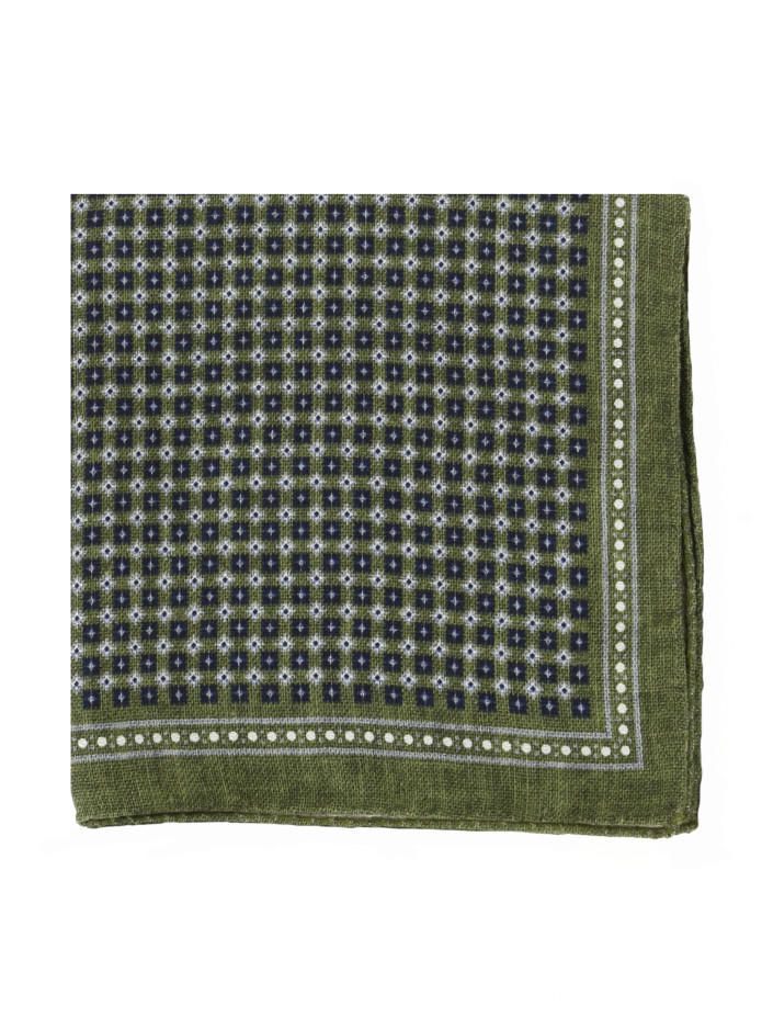 Pochette da taschino in seta verde con motivi quadrati blu