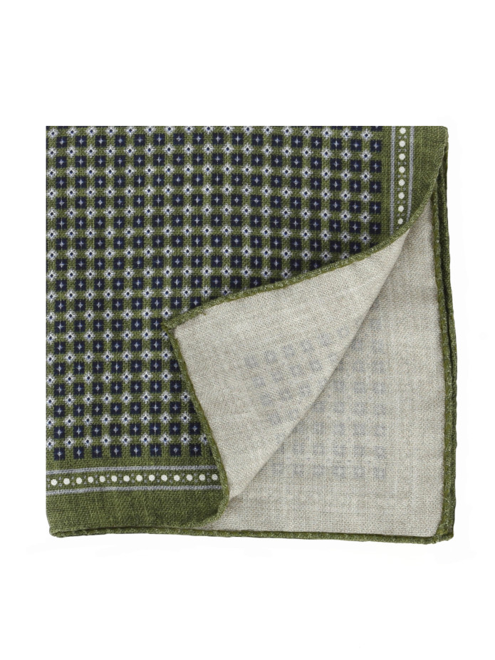 Pochette da taschino in seta verde con motivi quadrati blu