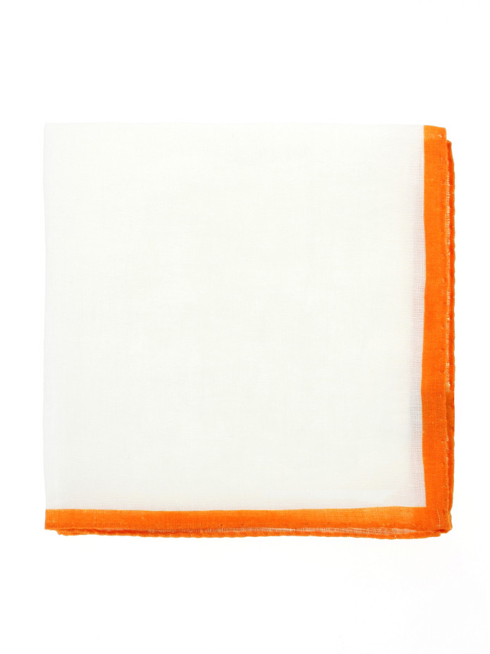 Pochette da taschino in lino bianco con orlo arancione