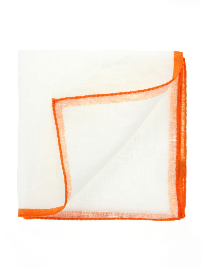 Pochette da taschino in lino bianco con orlo arancione