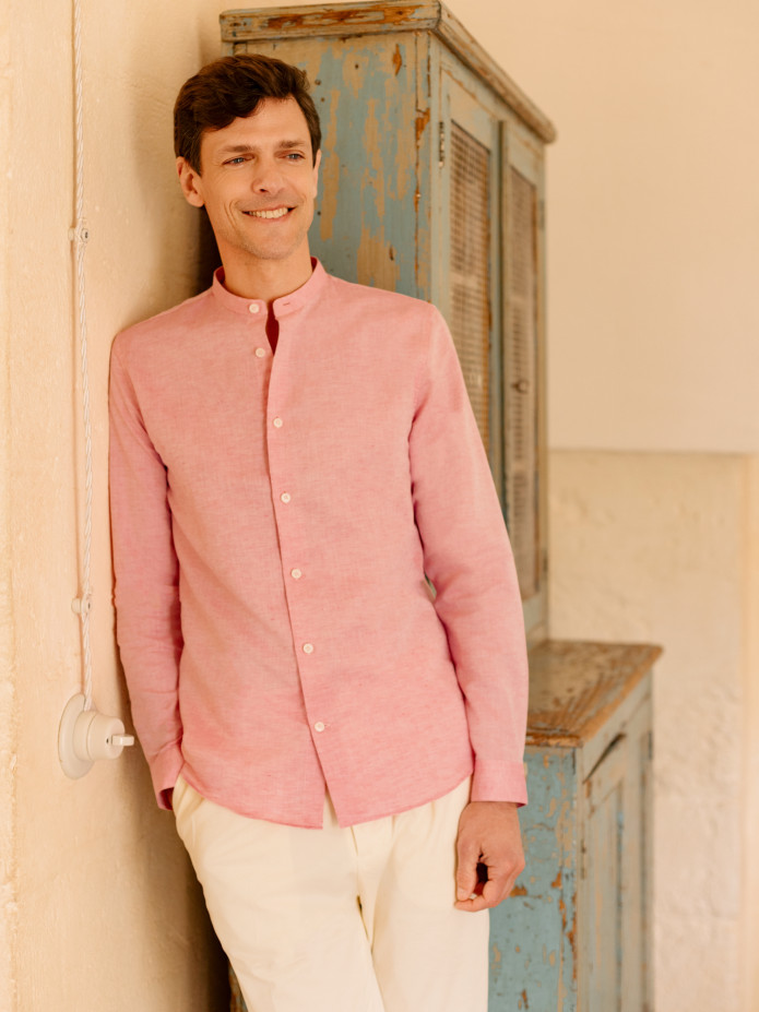 Camicia collo alla coreana in lino e cotone rosso