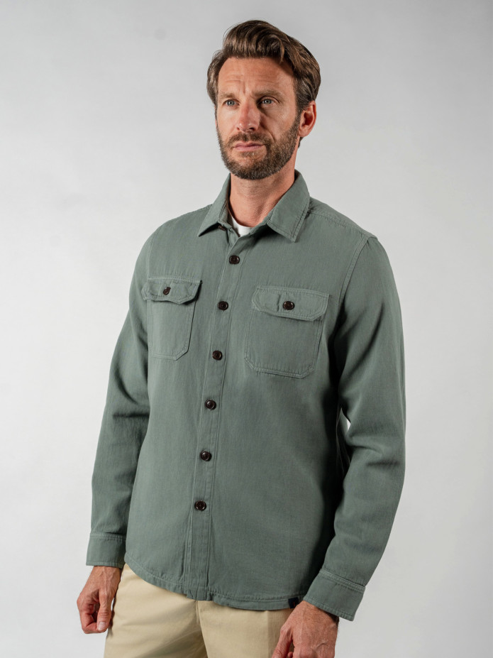 Camicia-giacca verde kaki lino cotone