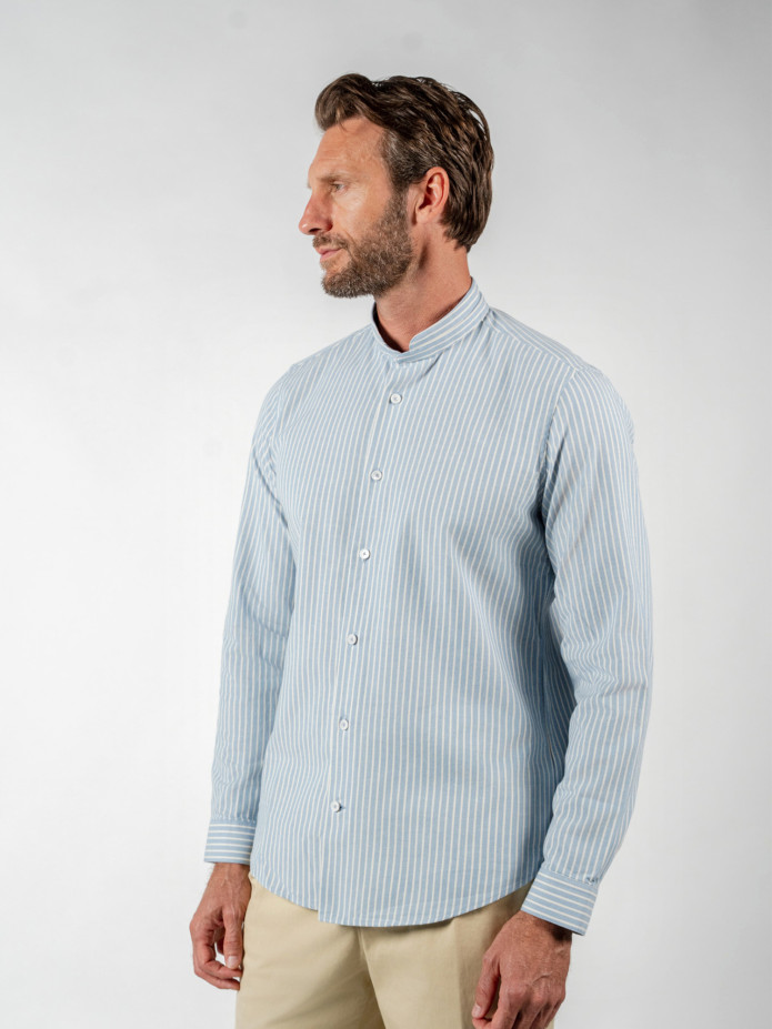 Camicia collo alla coreana in oxford giapponese a righe azzurre