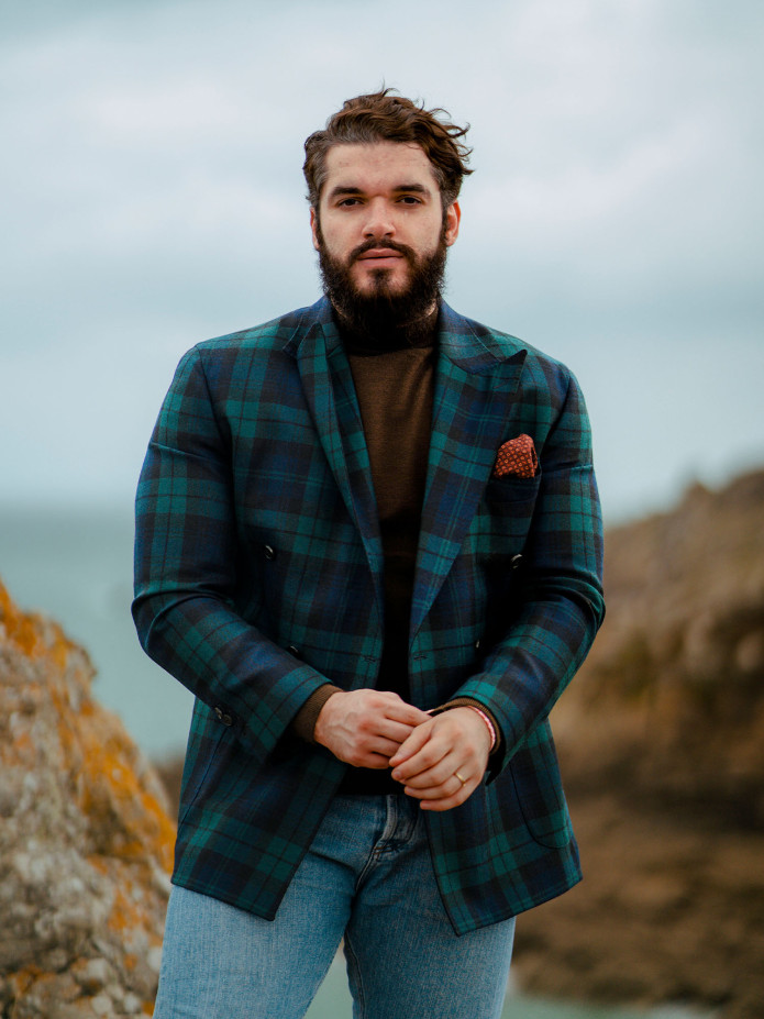 Blazer croisé en tartan Blackwatch bleu marine