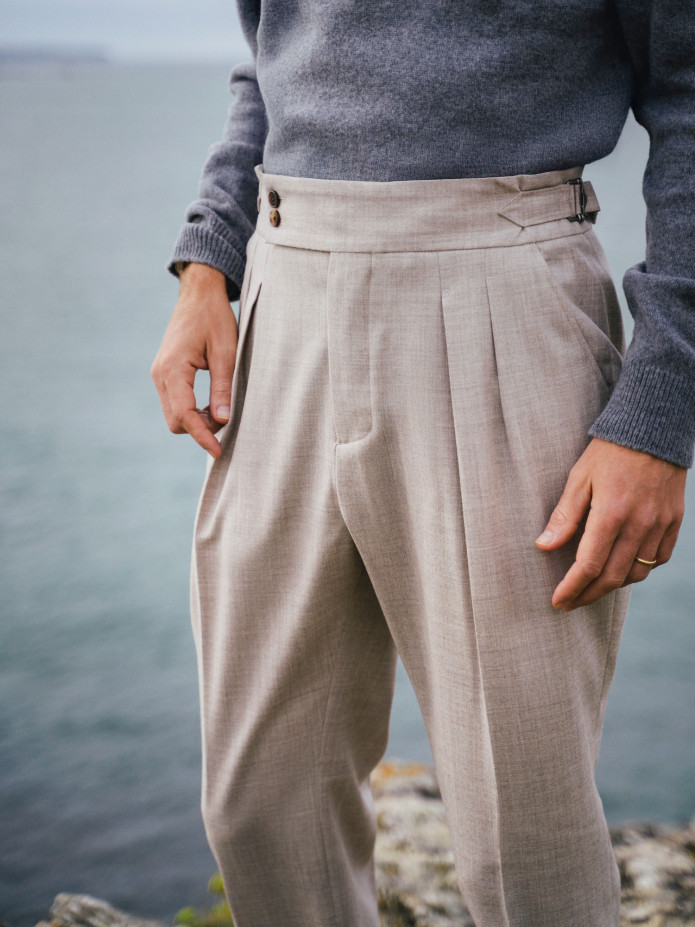 Pantaloni a vita alta in flanella beige