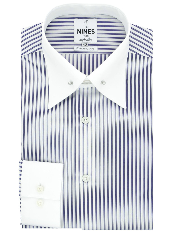 Camicia con colletto a spilla in popeline a righe navy