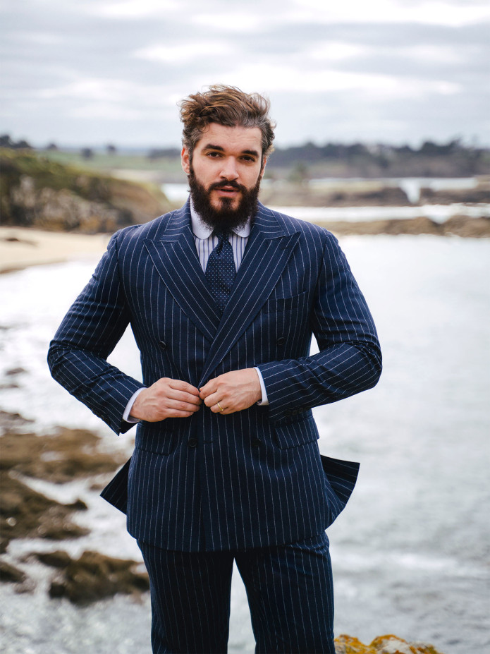 Camicia con colletto tondo a triple righe blu navy