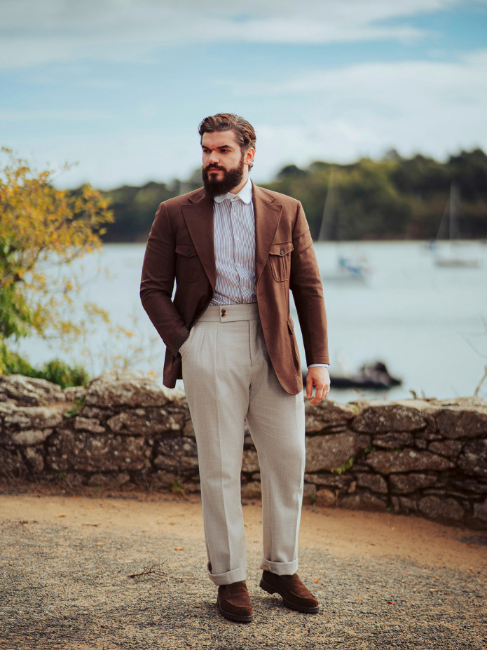 Pantaloni a vita alta in flanella beige Litha