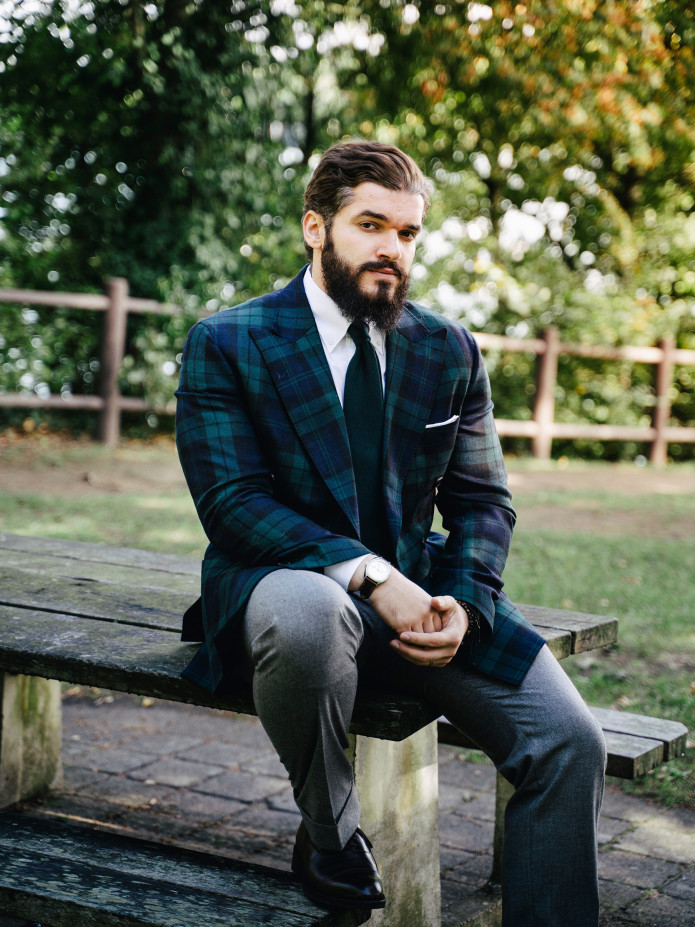 Blazer croisé en tartan Blackwatch bleu marine
