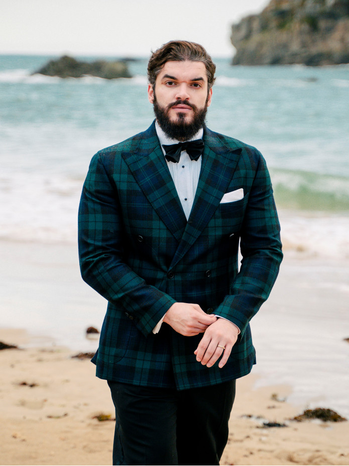 Blazer croisé en tartan Blackwatch bleu marine