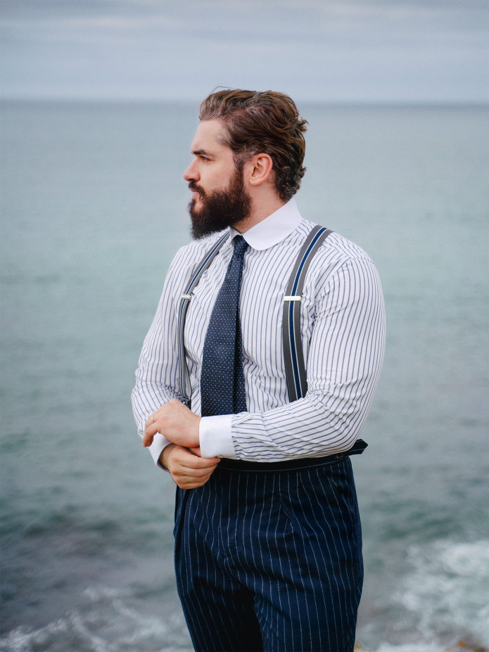 Camicia con colletto tondo a triple righe blu navy