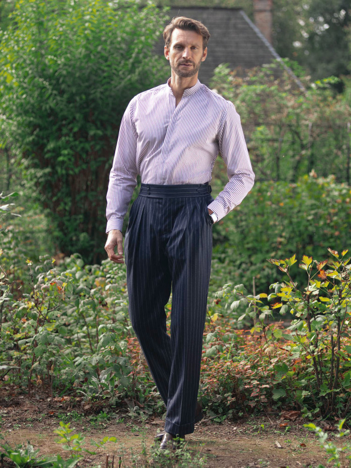 Camicia collo dritto aperto in popeline a righe bordeaux