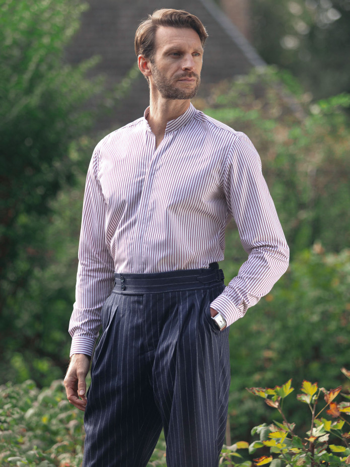 Camicia collo dritto aperto in popeline a righe bordeaux