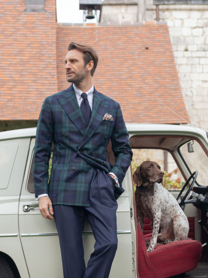 Blazer croisé en tartan Blackwatch bleu marine