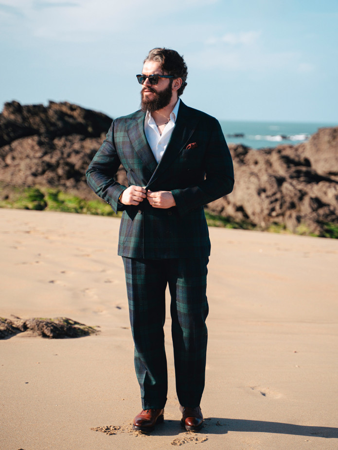 Blazer croisé en tartan Blackwatch bleu marine