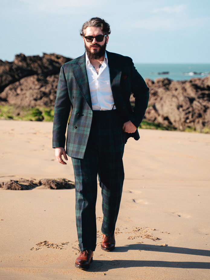 Blazer croisé en tartan Blackwatch bleu marine