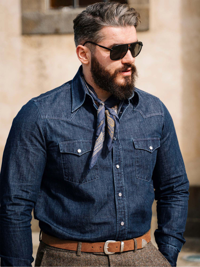 Camicia western collo classico in denim grezzo Bronson