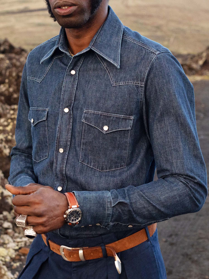 Camicia western collo classico in denim grezzo Bronson