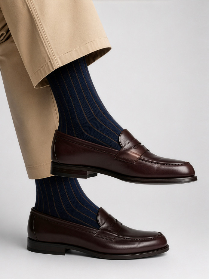 Calzini filo di Scozia a righe blu navy e marrone