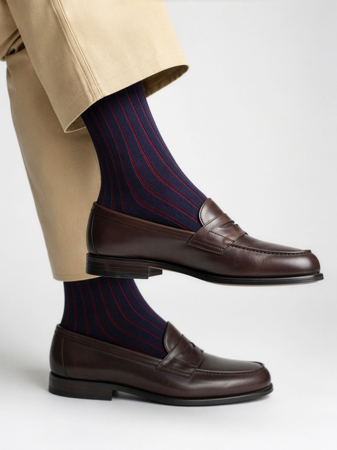 Calzini filo di Scozia a righe blu navy e bordeaux