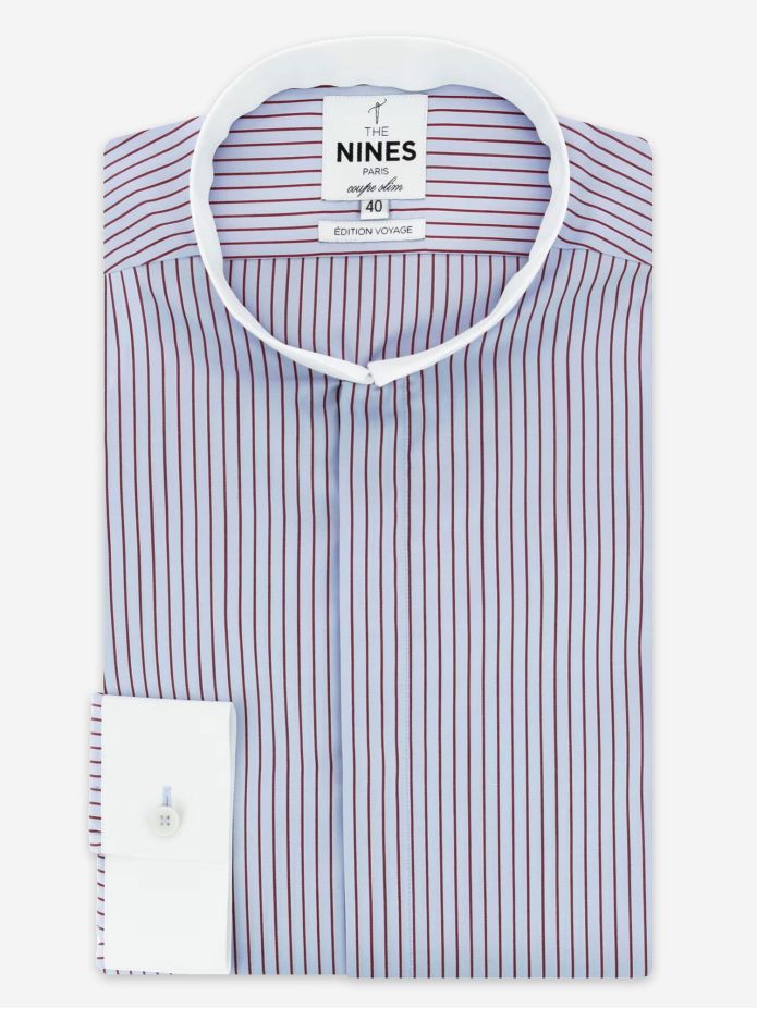 Camicia collo rovesciato antipiega azzurra a righe bordeaux