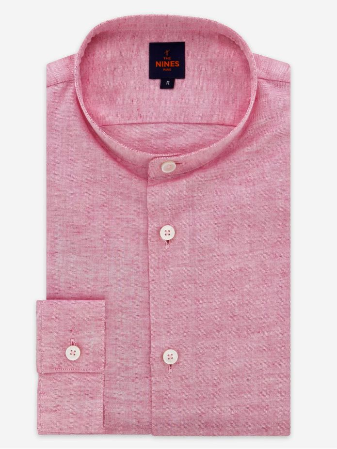 Camicia collo senza alette in lino e cotone rosso
