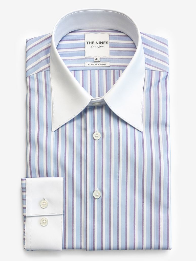 Camicia collo francese anti-piega a righe celeste e viola