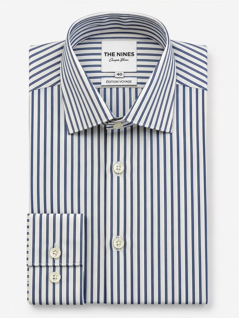 Camicia collo italiano anti-piega a righe blu navy