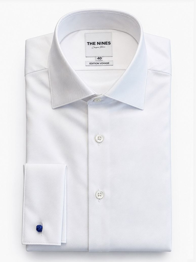 Camicia collo italiano in twill bianco a polsini mousquetaires