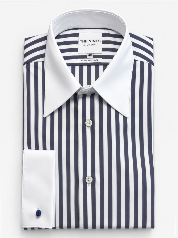 Camicia collo francese a righe blu navy con polsini alla moschettiera
