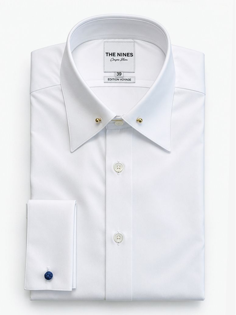 Camicia bianca anti-grinze con collo a spillo in ottone dorato e polsini gemelli
