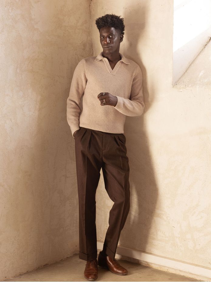 Maglione beige a maglia inglese con collo polo Finn
