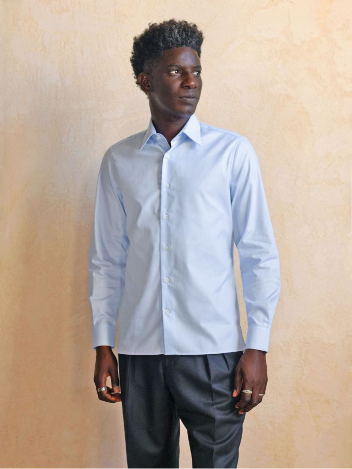 Camicia collo francese anti-piega in Royal Oxford blu cielo