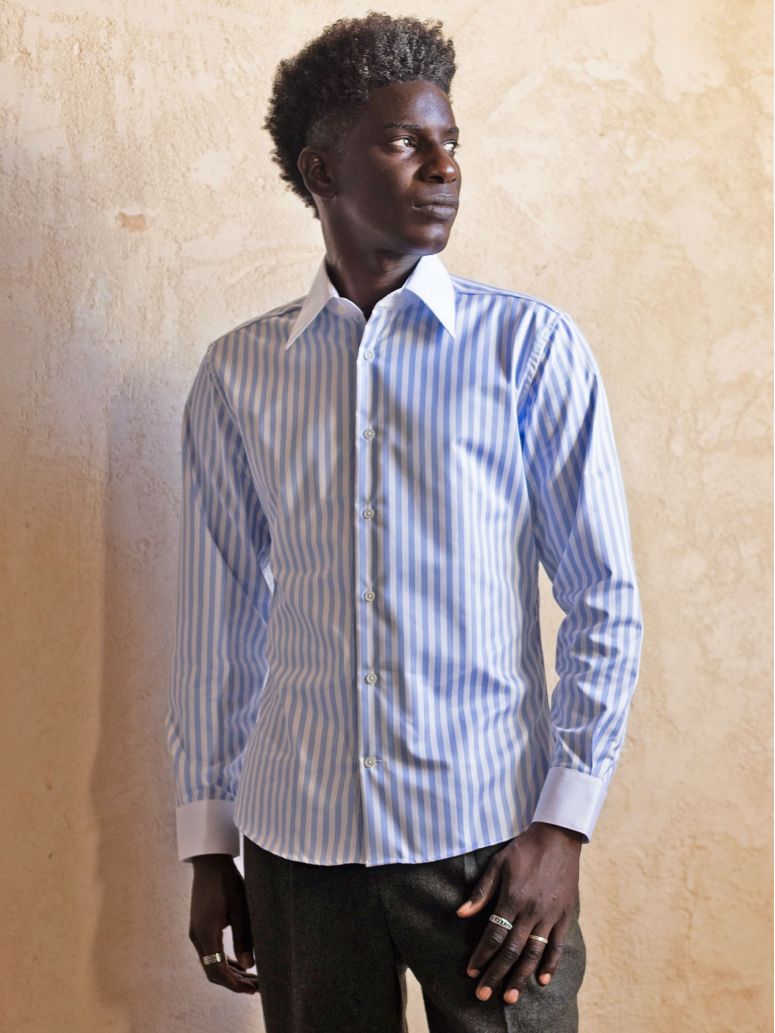 Camicia collo francese anti-piega a righe celeste