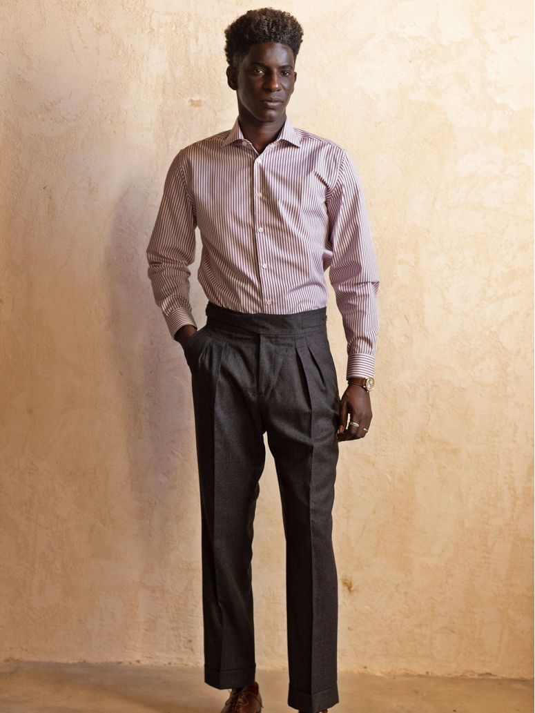 Camicia collo italiano anti-piega a righe bordeaux