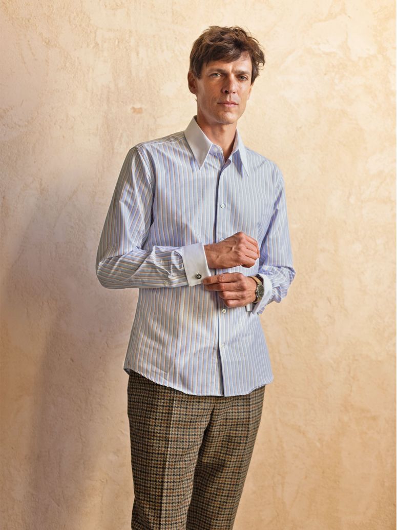 Camicia collo a punte a righe celeste e marrone
