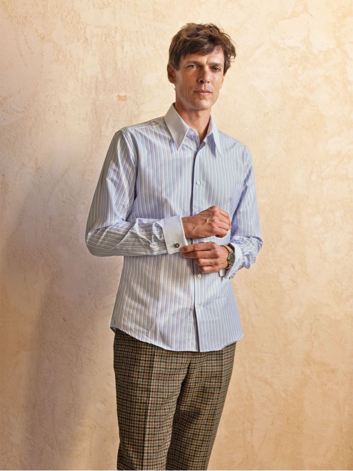 Camicia collo a punte a righe celeste e marrone
