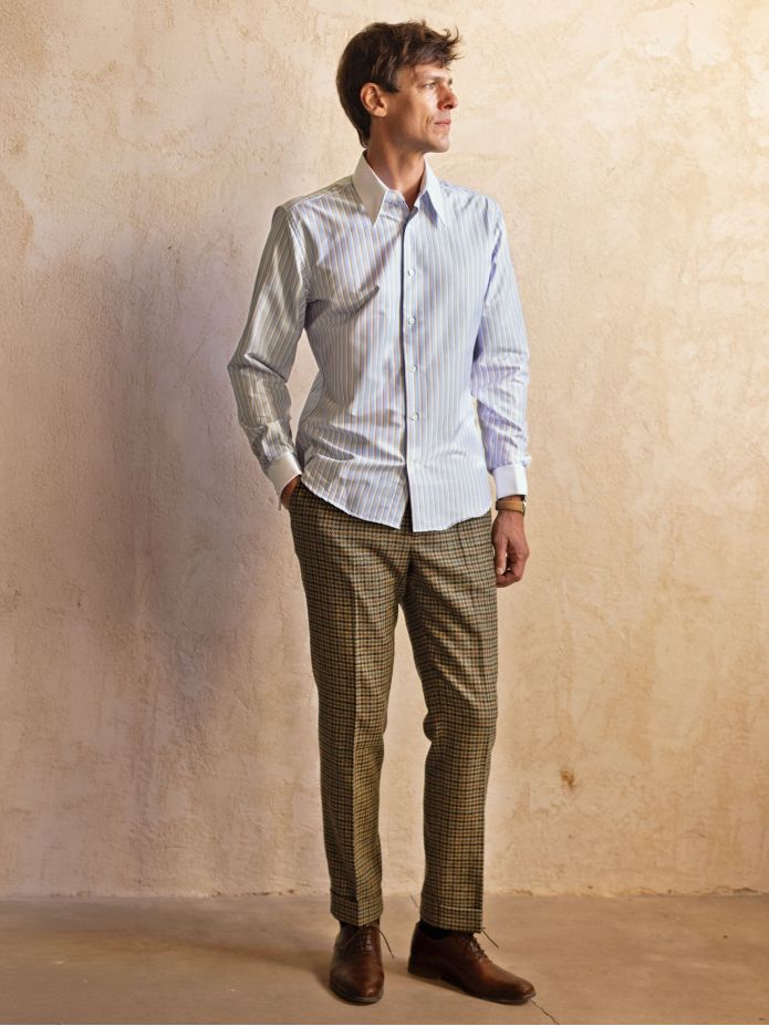 Camicia collo a punte a righe celeste e marrone