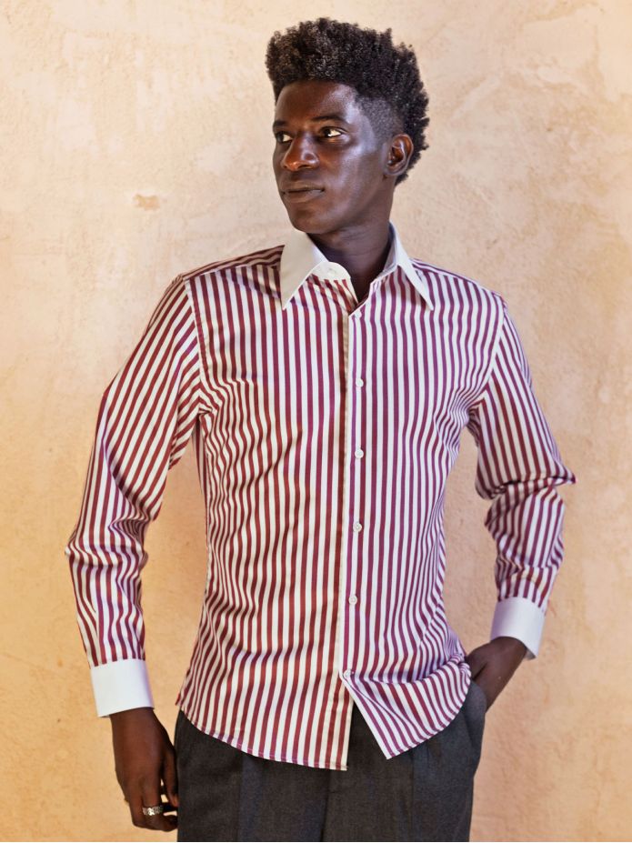 Camicia collo francese anti-piega a righe bordeaux
