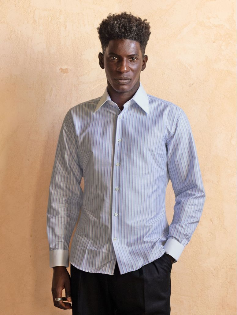 Camicia collo francese anti-piega a righe celeste e viola
